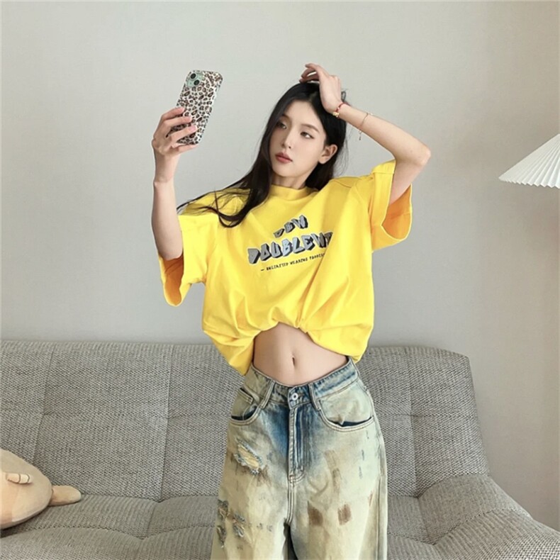 黄色重磅t恤男女同款美式正肩纯棉垫肩短袖阔肩半袖T恤T2459-P45,男装T恤,星座1213