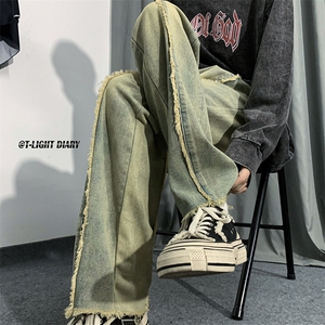 B221 美式ins高街小众情侣款毛边直筒牛仔裤 LK23013-P60 控78图片