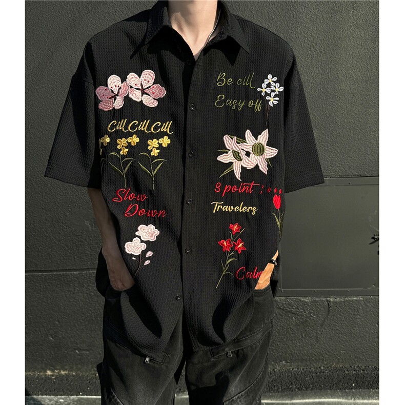 主推美式复古华夫格彩色花卉刺绣短袖衬衫情侣上衣男H939P68，男装T恤，电商A341