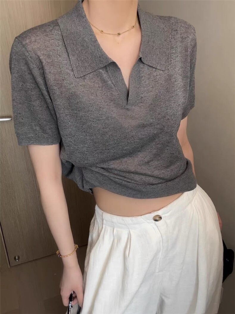 法式时尚显瘦百搭夏季新款女士翻领T恤,女装T恤,雪真羊绒