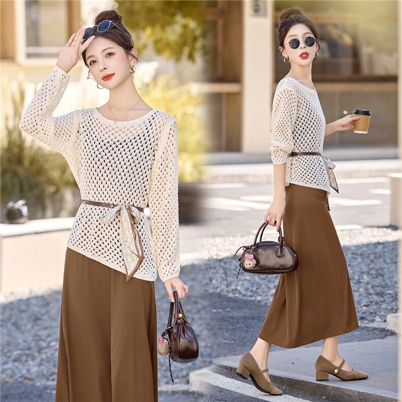 温柔连衣裙套装女2025新款秋装韩版女镂空针织衫背带裙两件套百搭，女装套装/套裙，意芙