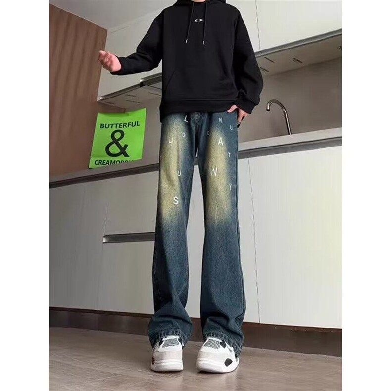 水洗牛仔裤男夏季薄款宽松复古韩版阔腿裤高街痞帅老爹长裤子,男装牛仔裤,星座506A