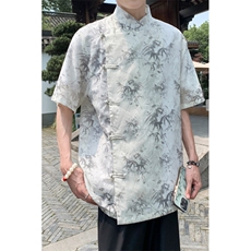 现货新中式风新款24夏季竹叶水印亚麻短袖上衣CS35-P65控88，男装T恤，电商A021