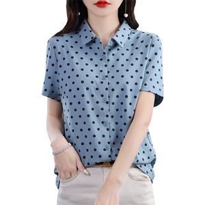 新款女士优雅波点纯棉短袖衬衫图片