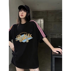 抖音得物品质二开240克宽松纯棉美式潮牌印花三条杠中性风短袖T恤，男装T恤，电商A486