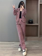 韩版休闲运动套装女秋新款粉色千鸟格立领抽绳上衣直筒长裤两件套，女装套装/套裙，江南