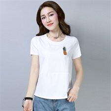 2025年夏季短袖T恤女圆领绣花纯黑色清新舒适简约宽松韩版，女装T恤，板酷