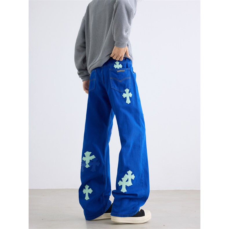 美式十字架牛仔裤重工刺绣贴皮男女同款宽松百搭阔腿长裤N748-P58，男装皮裤，星座308B-2