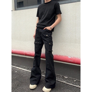 WE1911-P45 黑色vibe绑带微喇工装牛仔裤男cleanfit美式图片