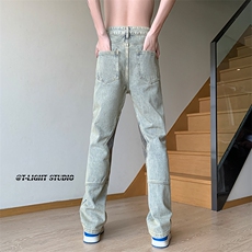 B221美式ins高街暗黑小众拼接修身小脚牛仔裤LK23038-P65控88，男装牛仔裤，电商B221