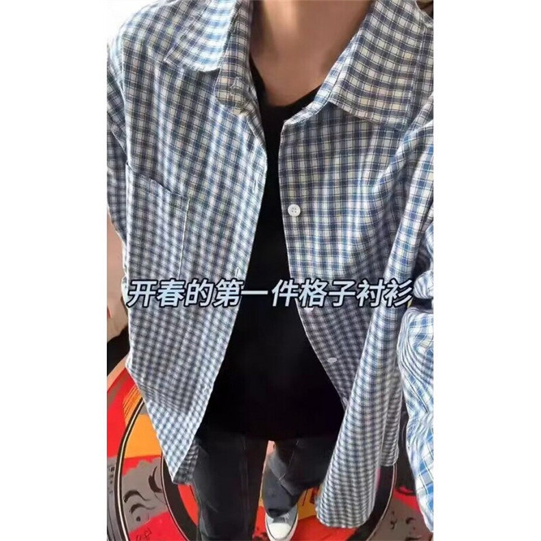 慵懒风蓝色格子衬衫男款春夏季复古格纹衬衣cleanfit外套C58,男装衬衫,星座1116A（原606A-3）