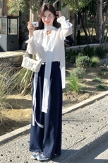 高级感气质一整套穿搭女2025春季新款高级感飘带上衣阔腿裤两件套，女装套装/套裙，2D078