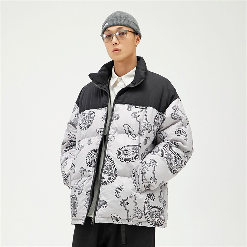 2023冬季新款大码男无影墙腰果花小熊印花宽松棉服M7311-p90,男装棉衣,电商A082
