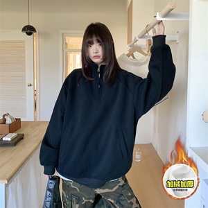 480G重磅加绒硬挺boxy男女秋冬美式高街结构半拉链立领卫衣厚外套图片