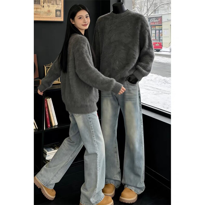 现货秋冬新款长貂毛纯色毛衣设计感圆领宽松针织套头LY10088-P50,男装针织衫/毛衣,星座1008