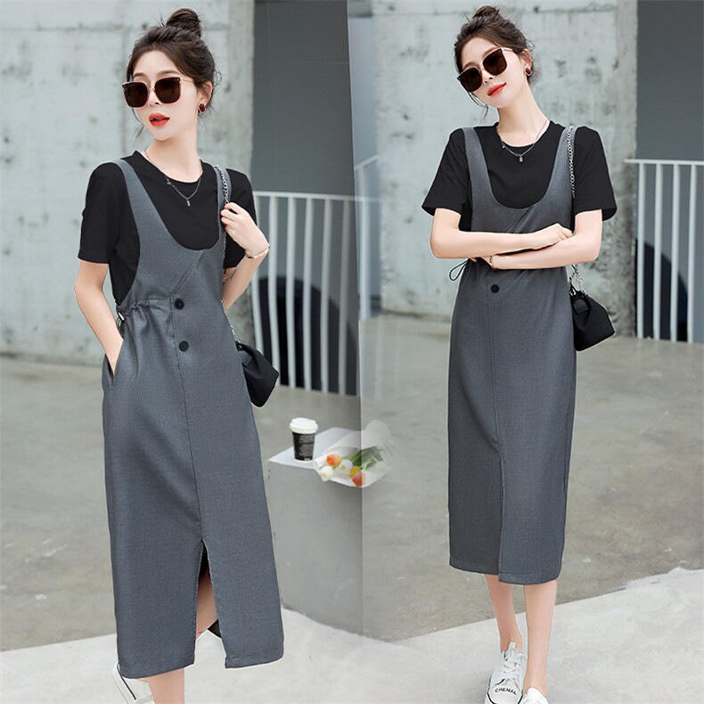 现货高级感灰色休闲背带裙2023夏季新款时尚百搭减龄两件套套裙，女装套装/套裙，卡杰菲