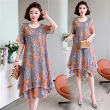 雪纺连衣裙女夏季新款宽松加大码胖MM遮肚子显瘦中年妈妈碎花裙子，女装连衣裙，缘衣格