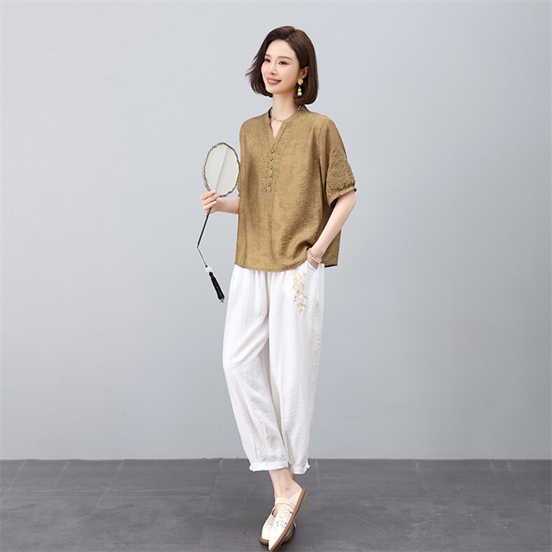 高端套装女2025夏装新中式天丝麻小衫文艺气质复古妈妈棉麻两件套,女装套装/套裙,凝聚力