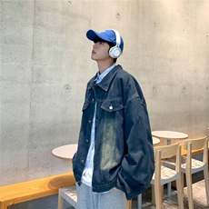 复古水洗渐变做旧蓝牛仔外套男春秋季设计感宽松工装夹克M1007，男装夹克，星座506