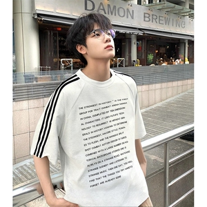 抖音得物高品质二开240克宽松纯棉美式潮牌三条杠织带短袖T恤图片