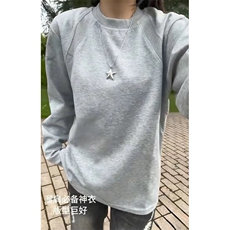 抖音得物品质26春装美式高街宽松曼巴棉螺纹拼接卫衣圆领长袖T恤，男装T恤，电商A443