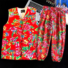XZ115ATAO棉马甲加绒裤套装大码东北大花汉服套装男女土潮，男装休闲套装，星座115A-1