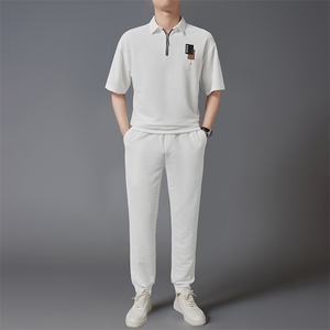 夏款男半袖拉链运动套装时尚宽松长裤两件套冰丝潮流青年男装图片