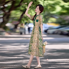 现货！夏季新款2025时尚气质天丝麻料印花抽绳系带修身连衣裙，女装连衣裙，涵墨
