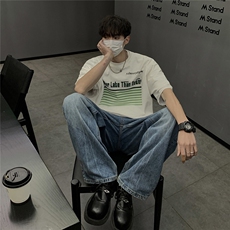 港风条纹印花大码短袖T恤男DT77773P18块特价控38：供抖音视频，男装T恤，星座227-7