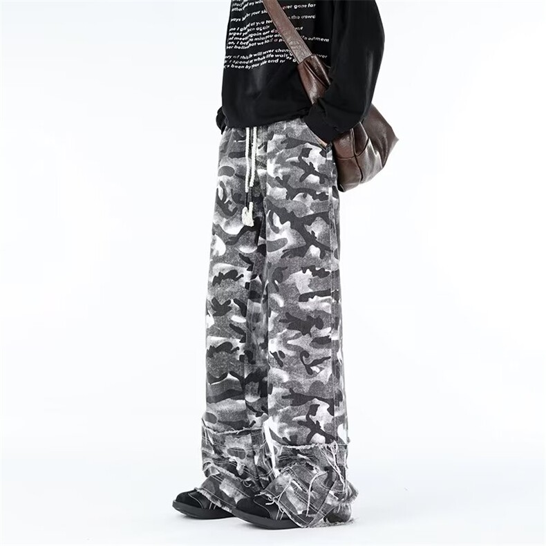 迷彩脏染牛仔裤男休闲直筒破坏裤脚微喇拖地裤子6605P46，男装牛仔裤，星座410-2