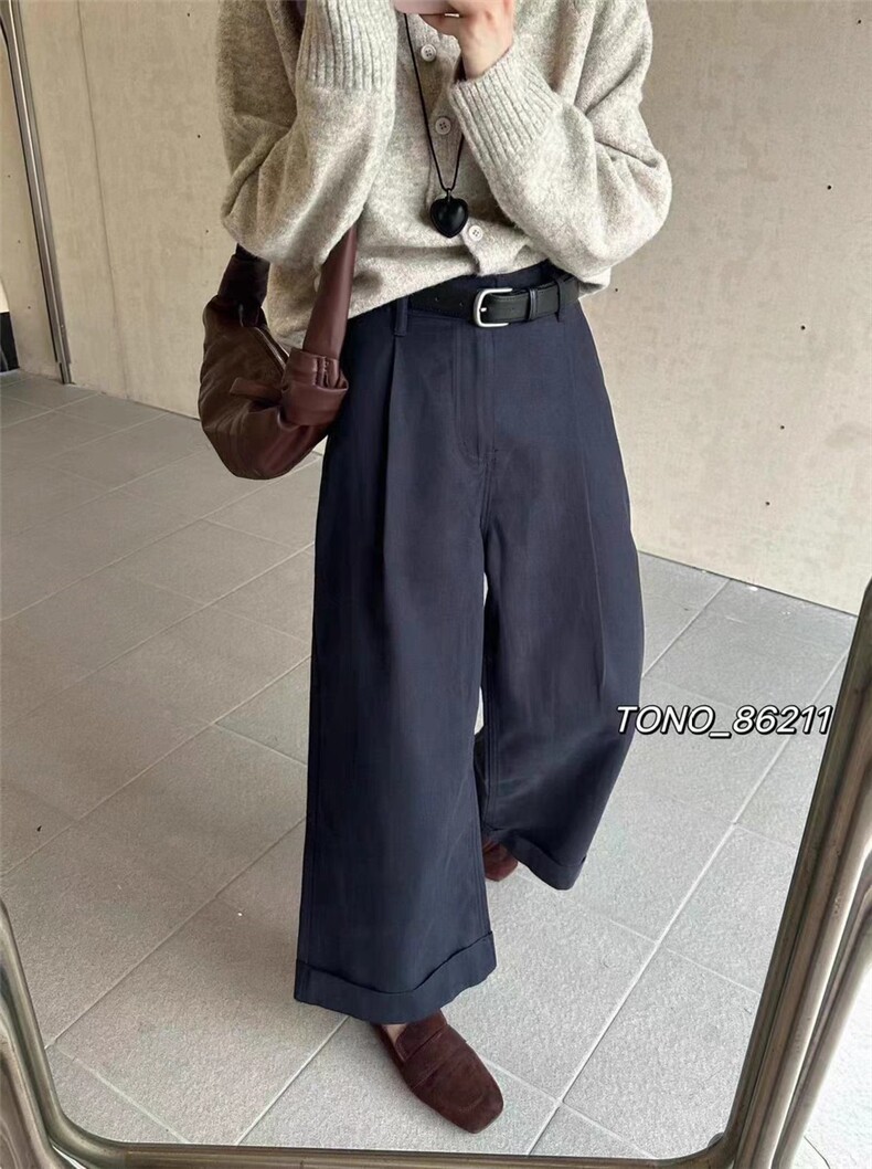 欧版挽边直筒裤百搭简约显瘦显高,女装休闲裤,湘姗