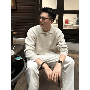 网图现货900克高密老钱风小翻领毛衣男女宽松POLO领针织衫特P58