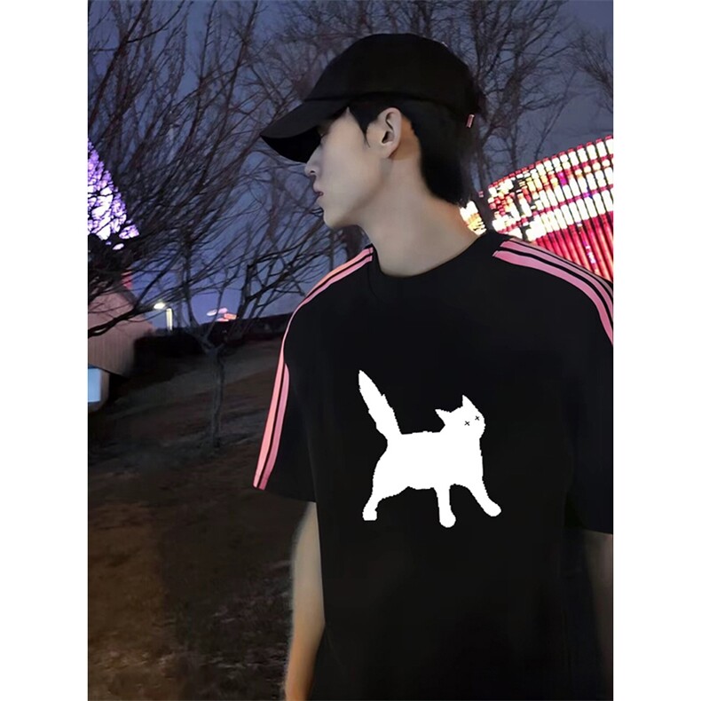 抖音得物品质二开240克宽松纯棉美式潮牌印花三条杠中性风短袖T恤,男装T恤,电商A486-1