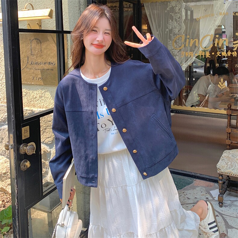 藏青色休闲短外套女2025春季新款小个子宽松减龄夹克韩系chic上衣,女装短外套,维壹