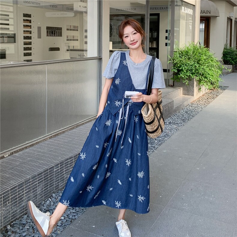 法式假两件短袖套装女2025夏季新款小个子轻熟风休闲半身裙两件套,女装套装/套裙,2C323