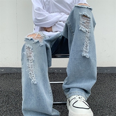 做旧破洞牛仔裤男美式街头乞丐裤高街vibe复古痞帅裤子K7246-P42，男装牛仔裤，星座512-4