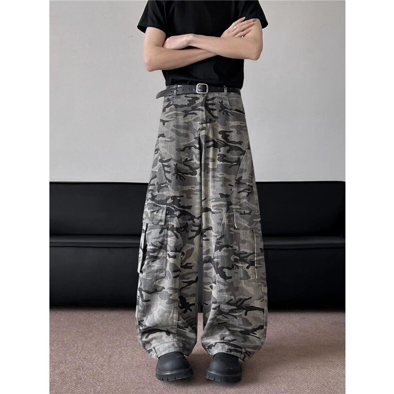 美式复古街头弯刀迷彩阔腿裤男女宽松休闲直筒工装裤潮K6015-P59，男装休闲裤，星座412-2