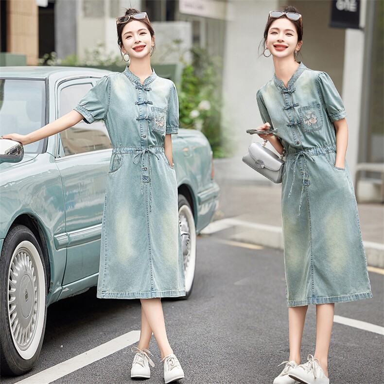 新中式国风牛仔连衣裙女2025夏季款时尚洋气薄款收腰显瘦短袖裙子，女装连衣裙，慕依路
