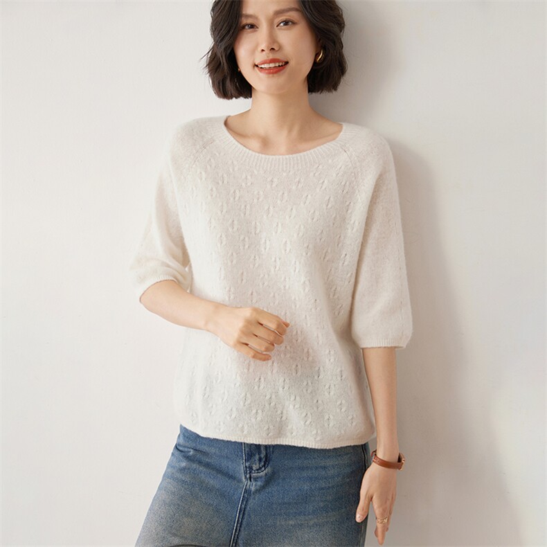 软糯亲肤~山羊绒短袖女圆领羊绒针织t恤纯色中半袖毛衣羊毛打底衫图片