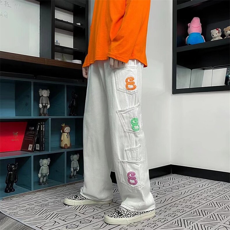 高街牛仔裤潮阔腿多口袋工装裤子男女宽松直筒休闲长裤AM215P50,男装牛仔裤,星座1013-5