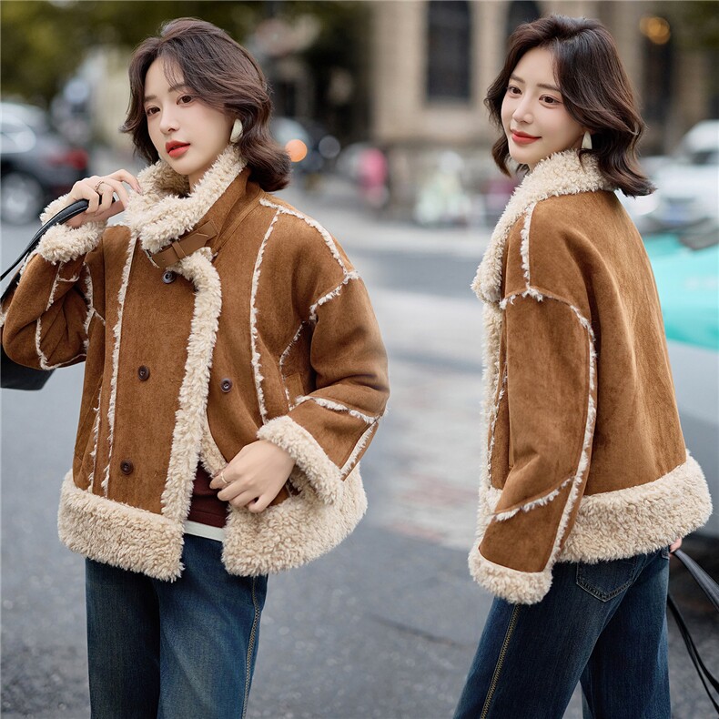 现货！2025冬季新款时尚气质时髦皮毛一体外套，女装羊羔毛/颗粒绒，魅影