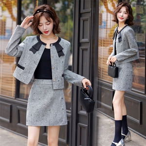 2025春秋装新款法式小香风蝴蝶结优雅气质名媛套装亮丝短裙两件套，女装套装/套裙，雅静靓衣