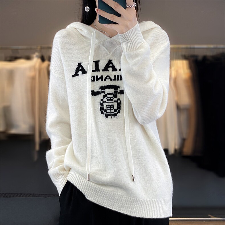 拼色连帽100%纯羊毛帽衫女23秋冬新款长袖针织毛衣宽松打底羊绒衫,女装羊毛衫,邦太羊绒