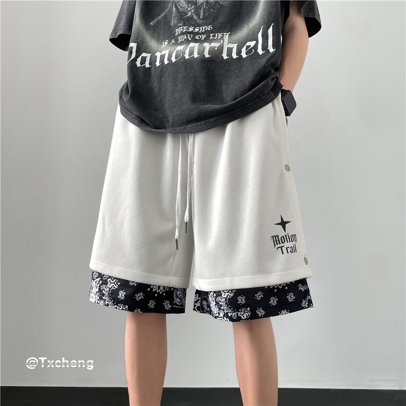 潮牌腰果花假两件排扣短裤运动宽松中裤B315-K23324-P45控58,男装休闲裤,电商B315