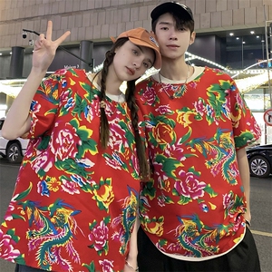 HT203夏情侣东北大花民族风牡丹花圆领短袖T恤青少年大码男女潮图片