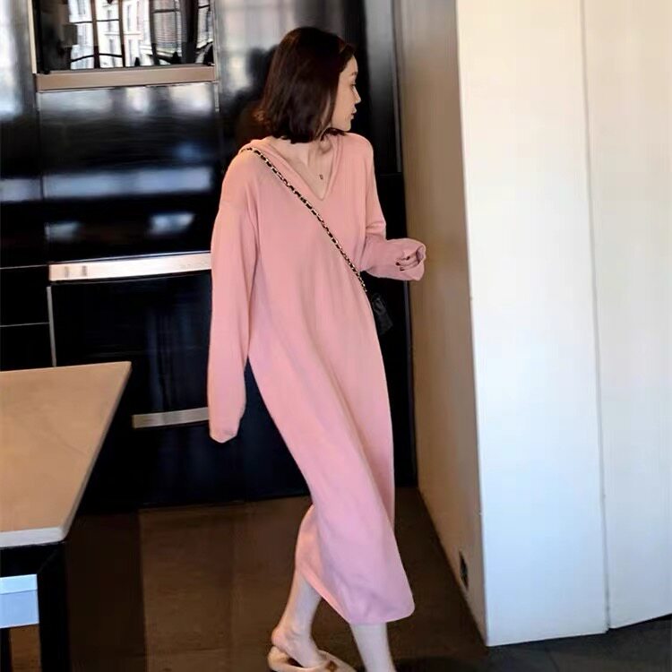 羊毛衫女秋冬宽松内搭针织衫v领中长款纯色连衣裙,女装连衣裙,思途羊绒