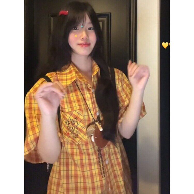 美式复古黄色短袖格子衬衫女夏季2025新款小个子外搭休闲衬衣外套,女装衬衫,星座218-8