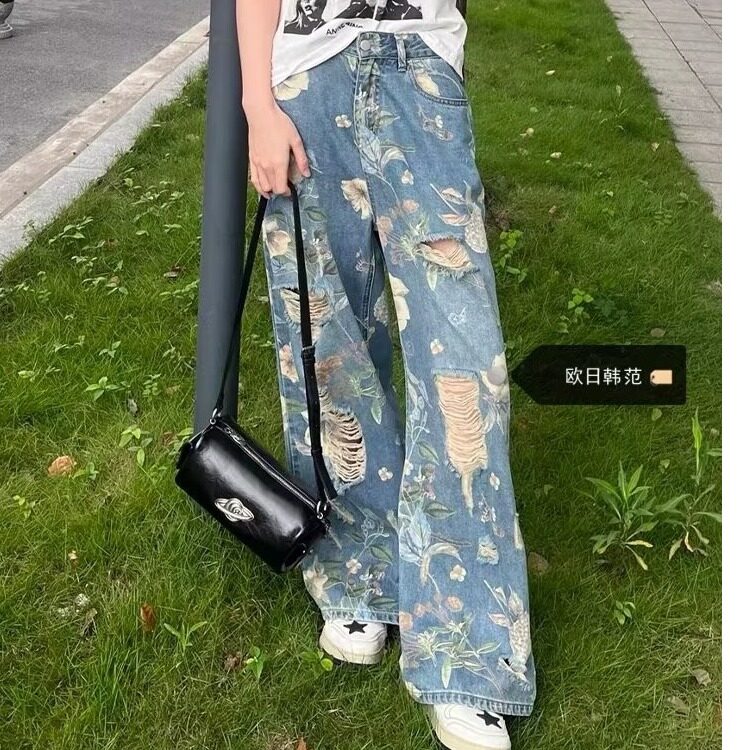 DG50-P55满印花卉阔腿水洗牛仔裤男新款夏季拖地裤子潮-网图现货,男装牛仔裤,星座603-2
