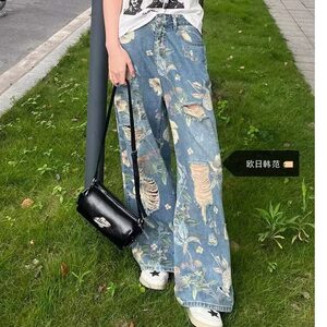 DG50-P55满印花卉阔腿水洗牛仔裤男新款夏季拖地裤子潮-网图现货