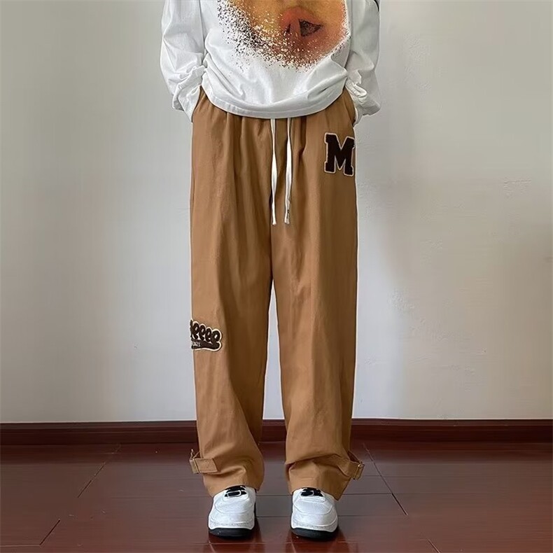 美式复古vintage裤男ins潮牌毛巾绣垂感直筒裤胖子大码阔腿长裤子图片